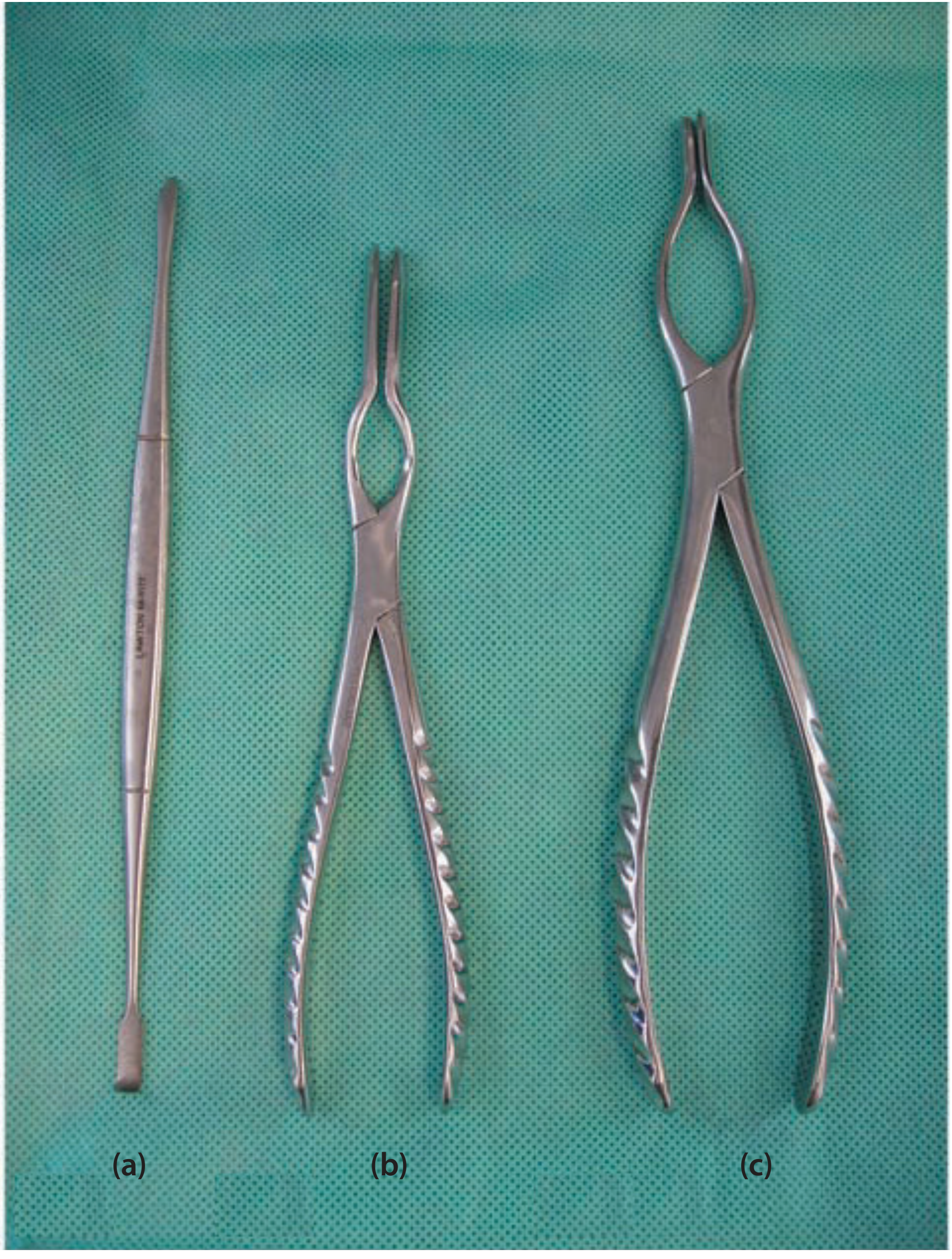 Instruments for nasal fracture manipulation: (a) Howarth's elevator, (b) Ashe's forceps - septum, (c) Walsham's forceps - nasal bones