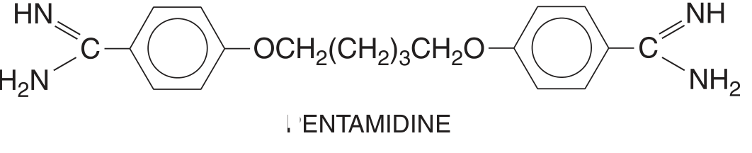 Chemical structure of pentamidine - two amidine groups on benzene rings connected by a pentyl ether chain