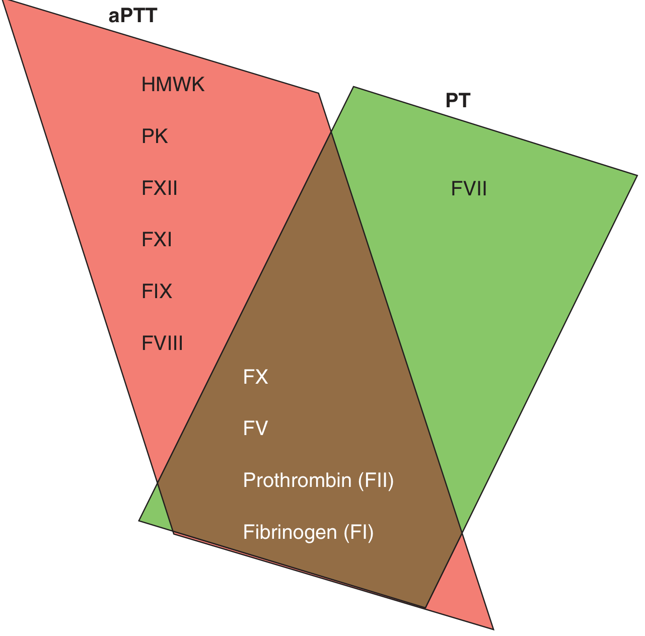 Coagulation factor activity tested by aPTT (red) and PT (green)