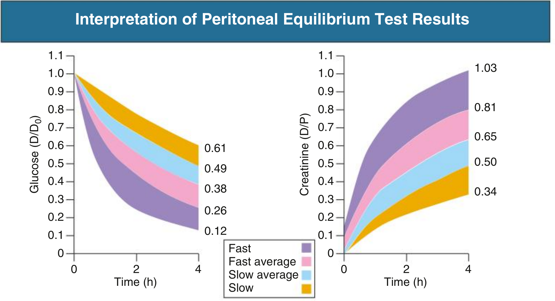 PET interpretation graph showing D/D0 glucose (left panel, falling curves) and D/P creatinine (right panel, rising curves) over 4-hour dwell time, with four transport categories - Fast, Fast Average, Slow Average, Slow - shown as colored bands with cutoff values