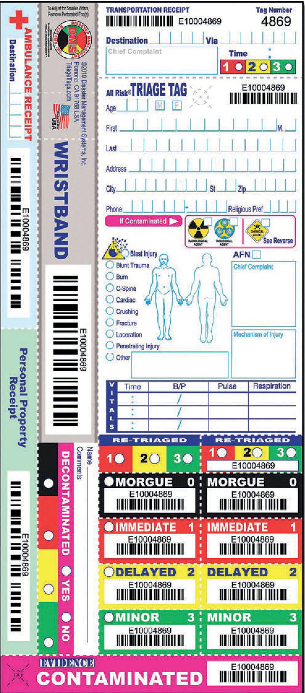 Triage tag showing colour-coded priority strips: Immediate (Red-1), Delayed (Yellow-2), Minor (Green-3), Morgue (Black-0)