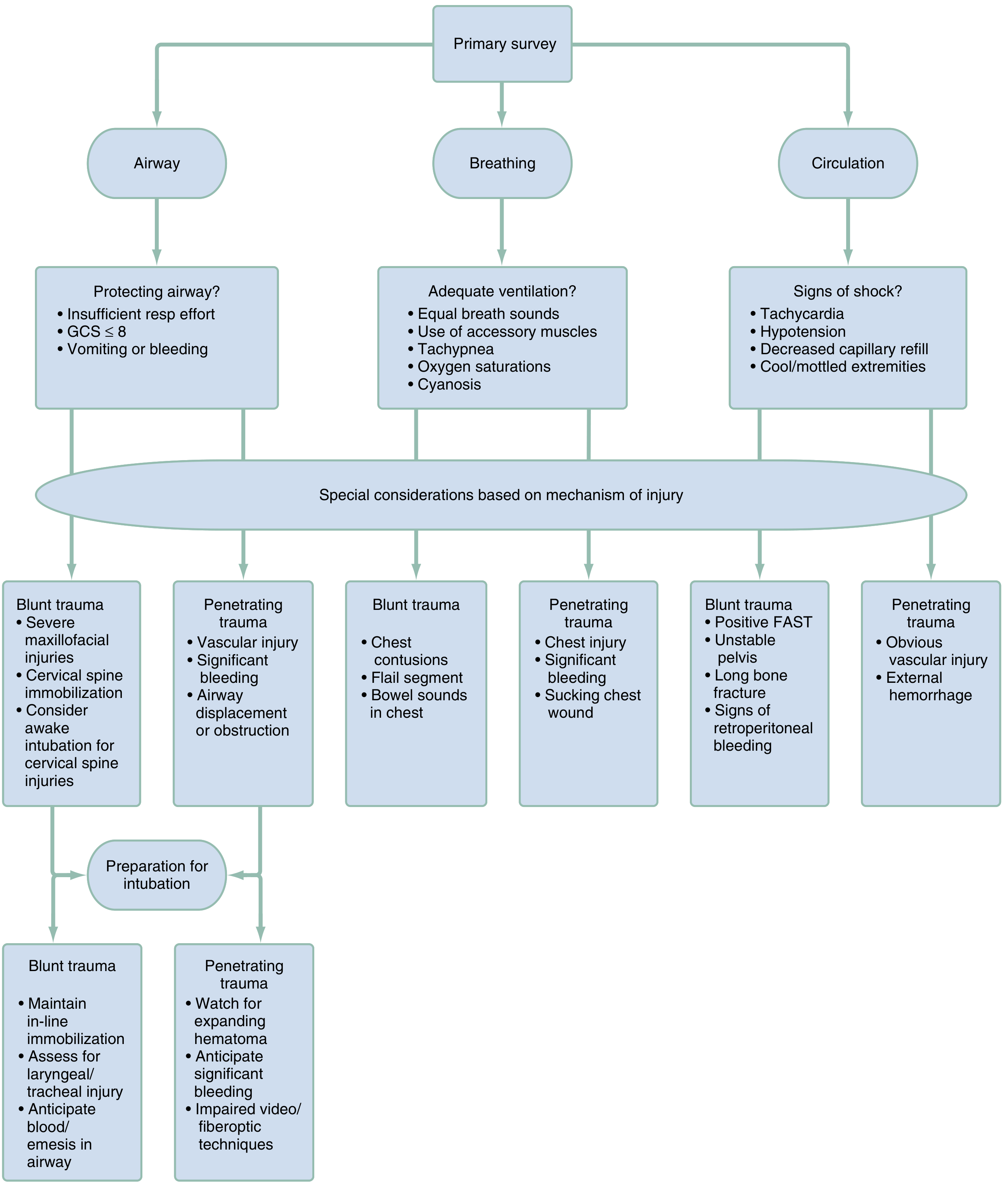 Primary Survey Flowchart - Airway, Breathing, Circulation with blunt vs penetrating considerations
