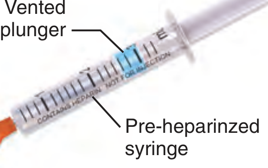 ABG syringe with vented plunger and pre-heparinized barrel