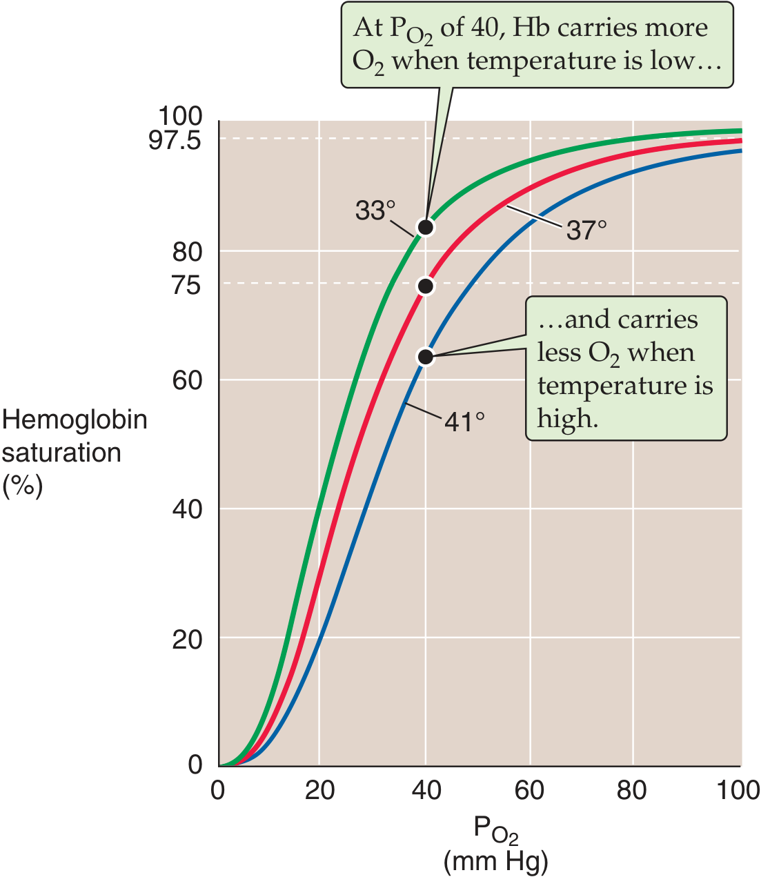 Temperature effect: lower temp = left shift; higher temp = right shift