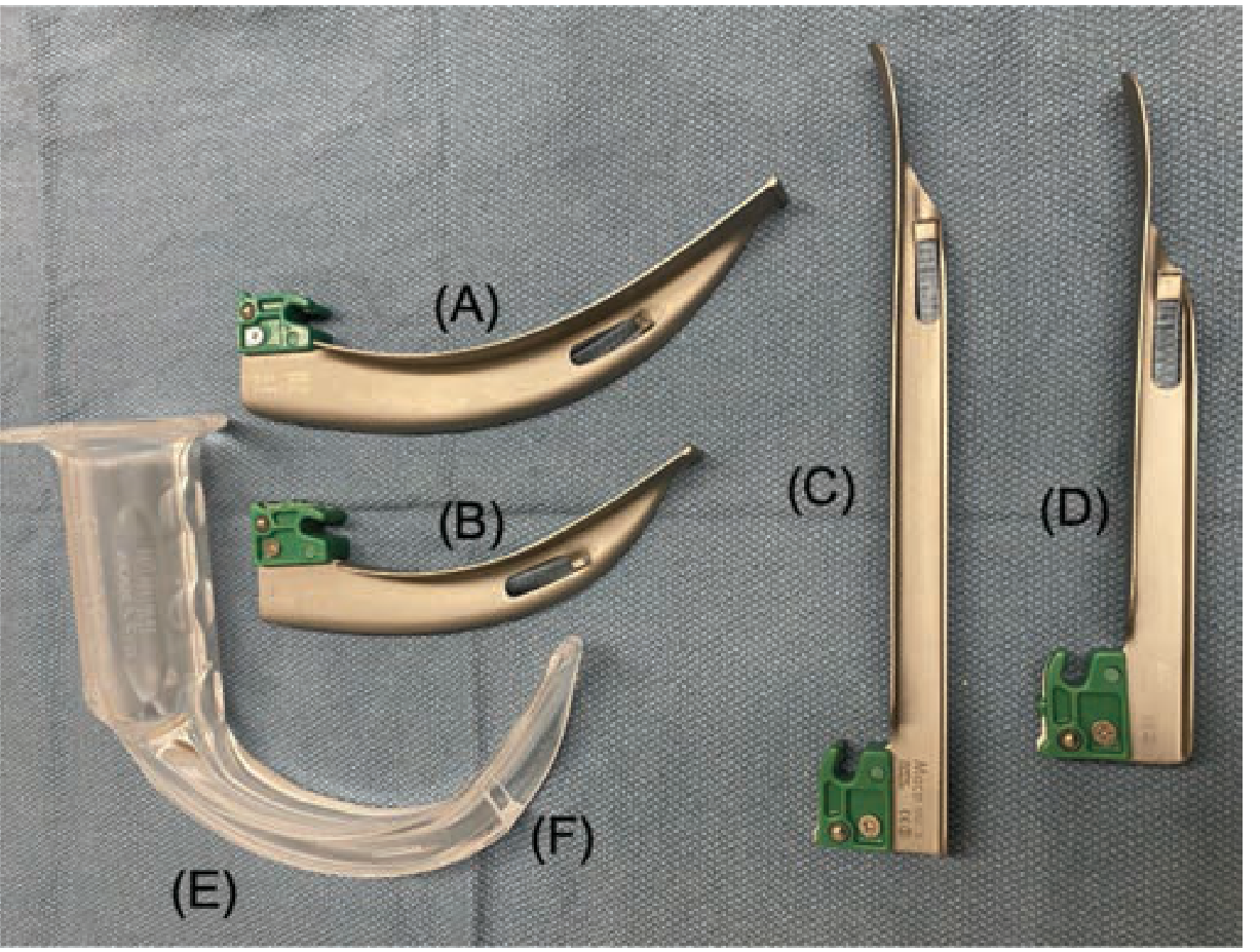 Photograph showing curved Macintosh blades in sizes 4(A) and 3(B) and straight Miller blades in sizes 3(C) and 2(D)