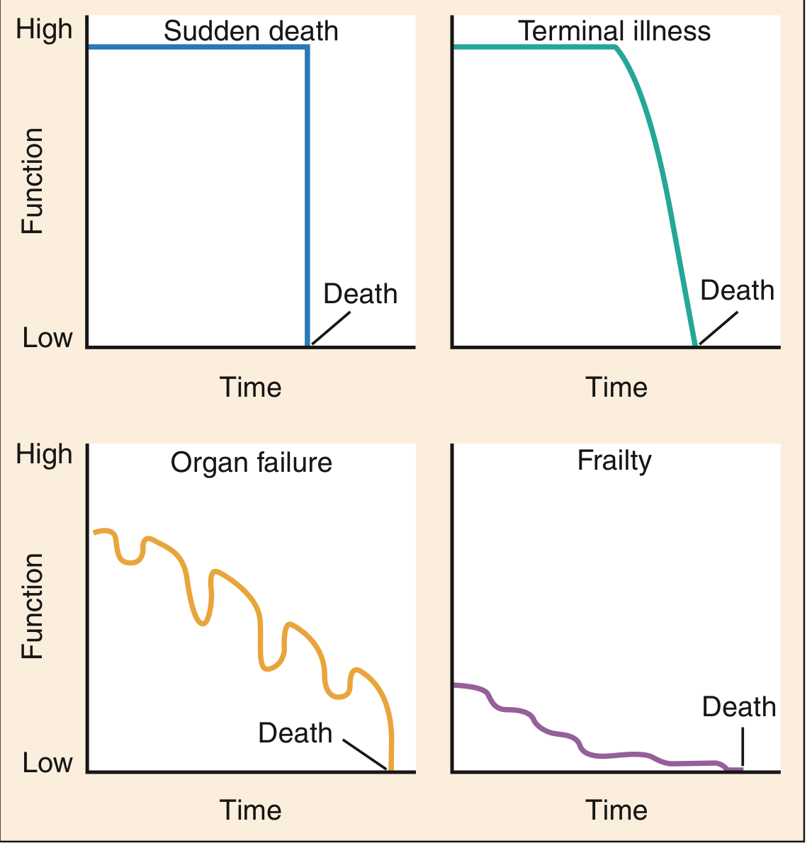 Four illness trajectories showing function over time for sudden death, terminal illness, organ failure, and frailty