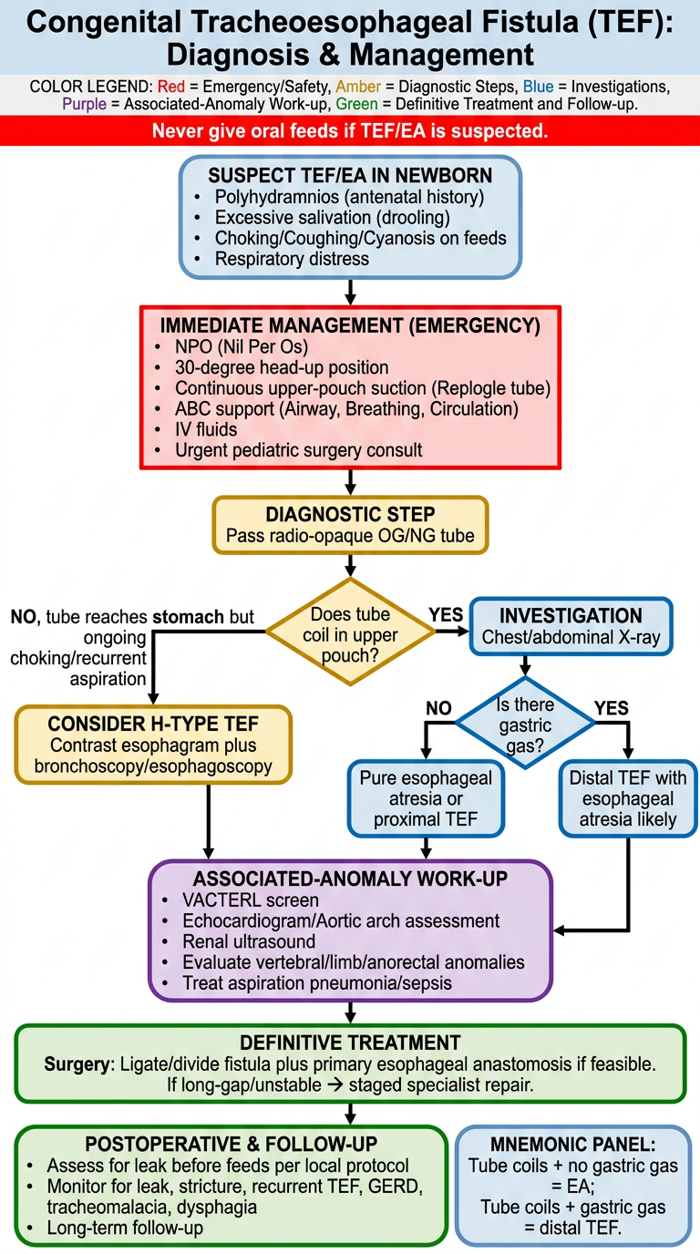 Color-coded TEF diagnosis and management flowchart for medical students
