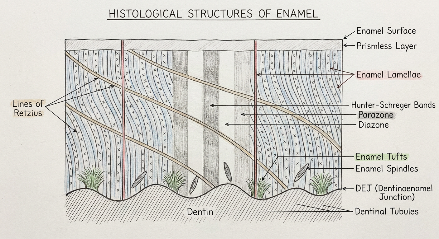 Hand-drawn sketch style - Histological Structures of Enamel
