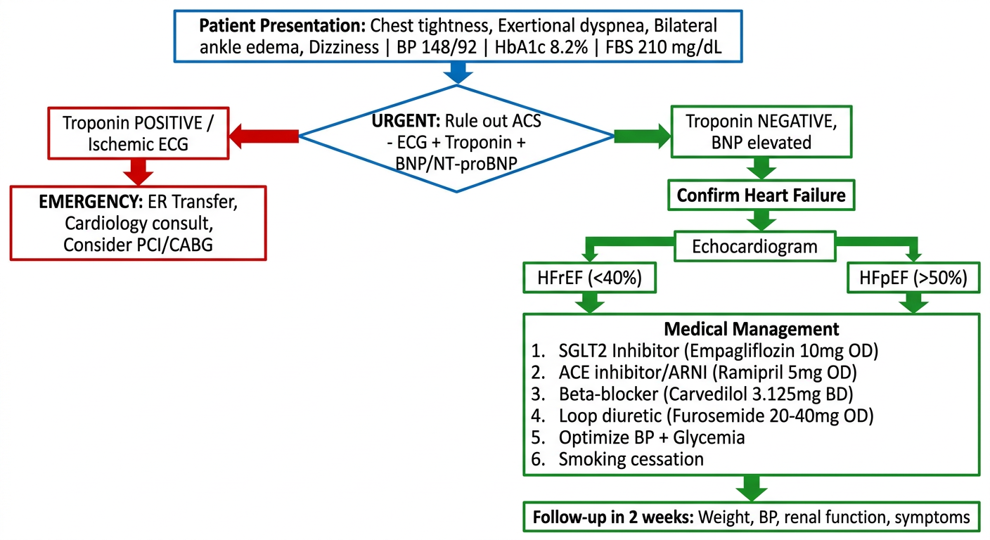 Clinical Management Flowchart: Chest Tightness + Dyspnea in Diabetic Hypertensive Patient