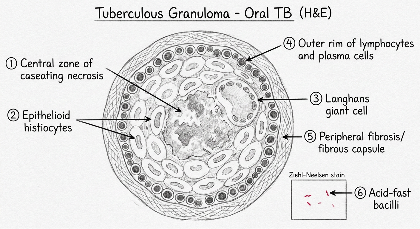 Labeled H&E diagram of tuberculous granuloma for BDS exam - Langhans giant cell, caseating necrosis, epithelioid cells, lymphocytes, fibrosis