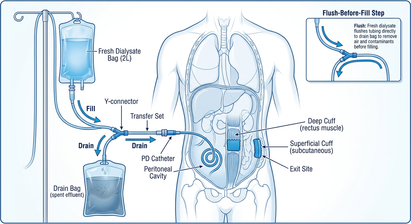 CAPD system diagram showing fresh dialysate bag on IV pole, Y-connector, transfer set, PD catheter entering peritoneal cavity through abdominal wall, drain bag below, with labeled cuffs, exit site, and flow direction arrows