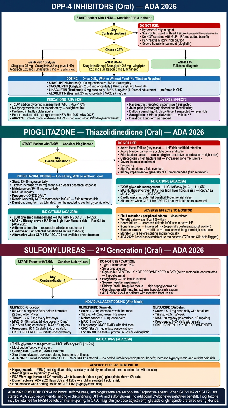 DPP-4 Inhibitors, Pioglitazone & Sulfonylureas — ADA 2026 Combined Flowchart