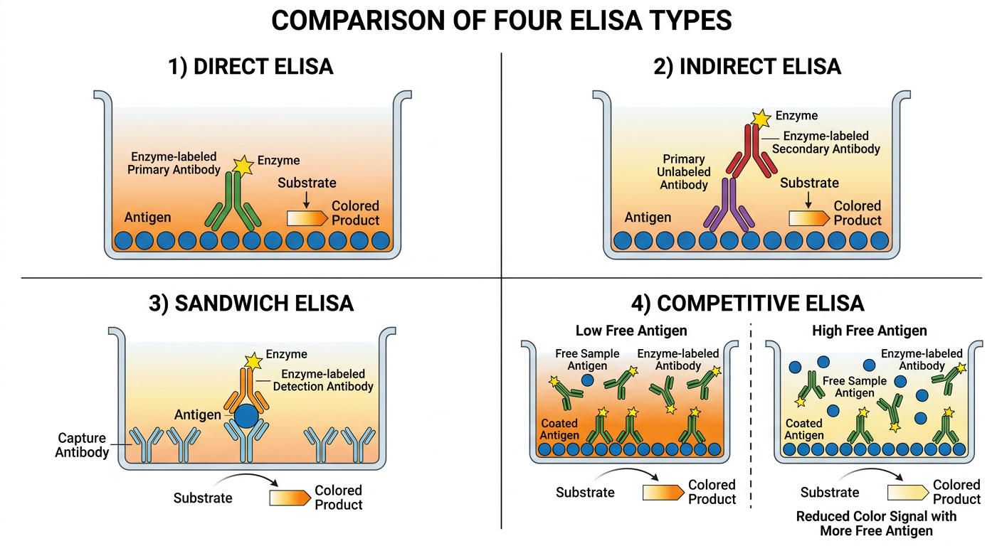 Schematic of direct, indirect, sandwich, and competitive ELISA