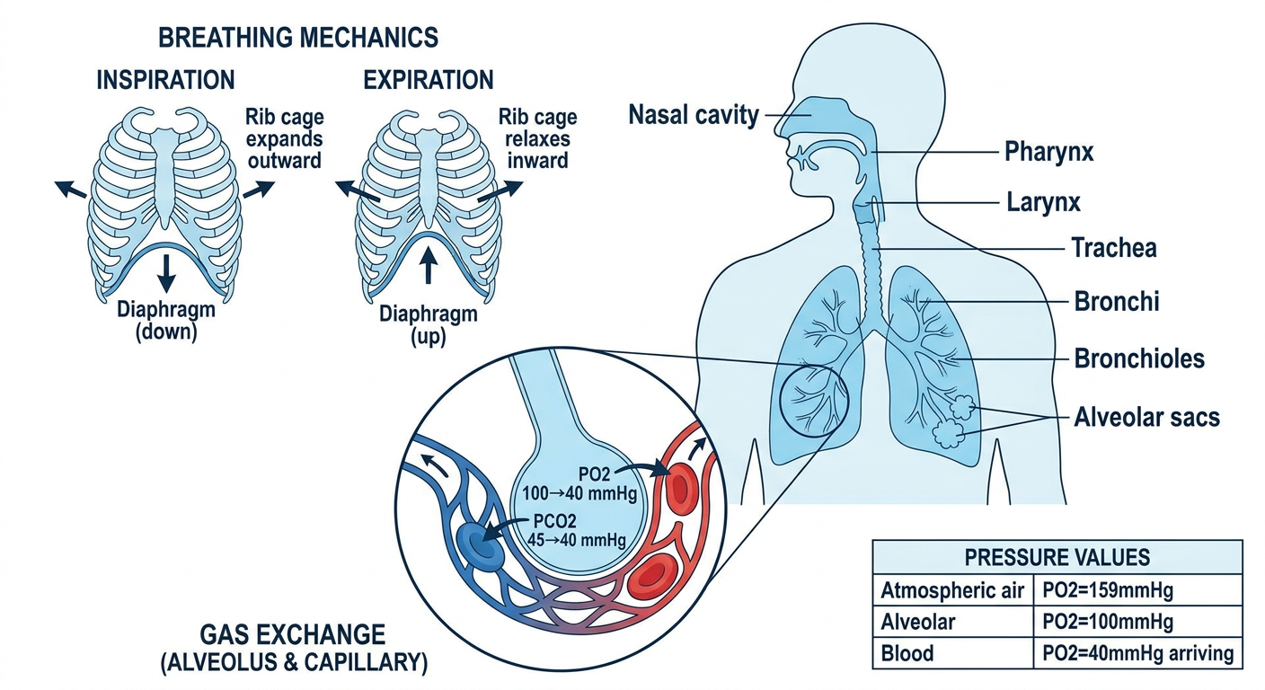 Breathing and gas exchange in the respiratory system - anatomy, mechanics of inspiration/expiration, alveolar gas exchange