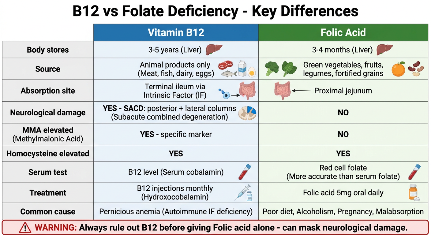 Comparison table: Vitamin B12 vs Folic Acid deficiency differences including stores, source, absorption site, neurological features, MMA, homocysteine, treatment