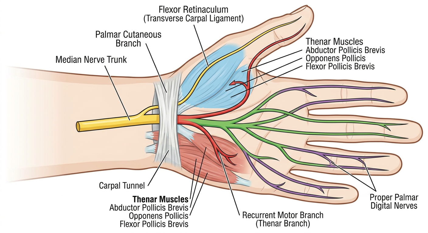 Median nerve branches at the wrist
