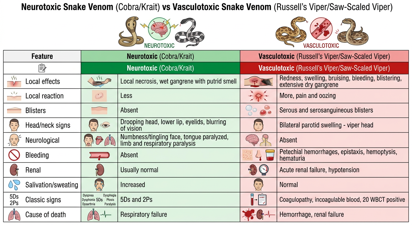 Neurotoxic vs Vasculotoxic Snake Venom with mini diagrams