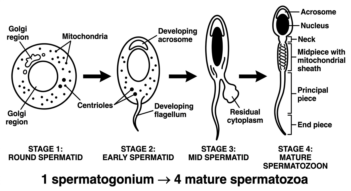 Spermiogenesis stages - drawable line diagram showing round spermatid transforming into mature spermatozoon