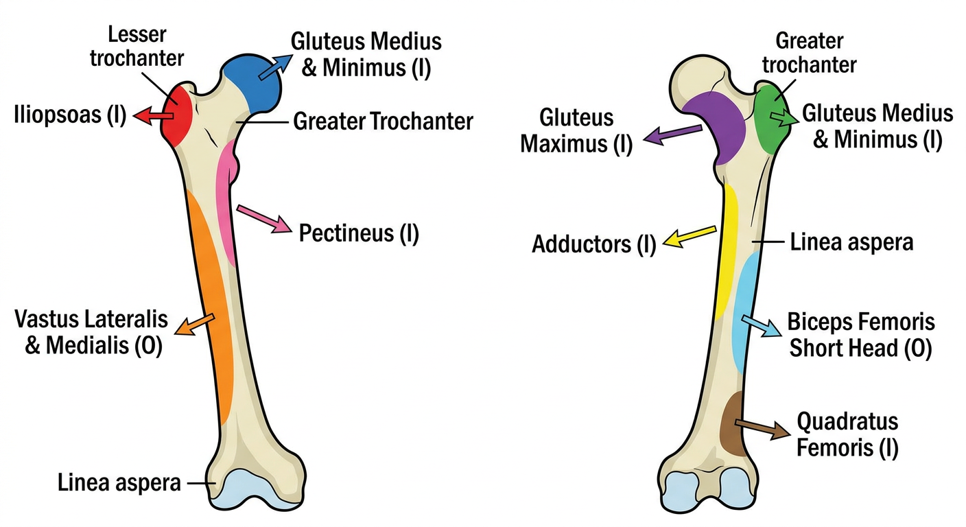 Muscle Attachments of Femur - Color Coded