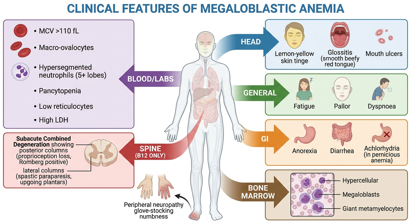 Clinical features of megaloblastic anemia body map diagram showing lemon-yellow skin, glossitis, SACD in spine, blood changes, and GI features