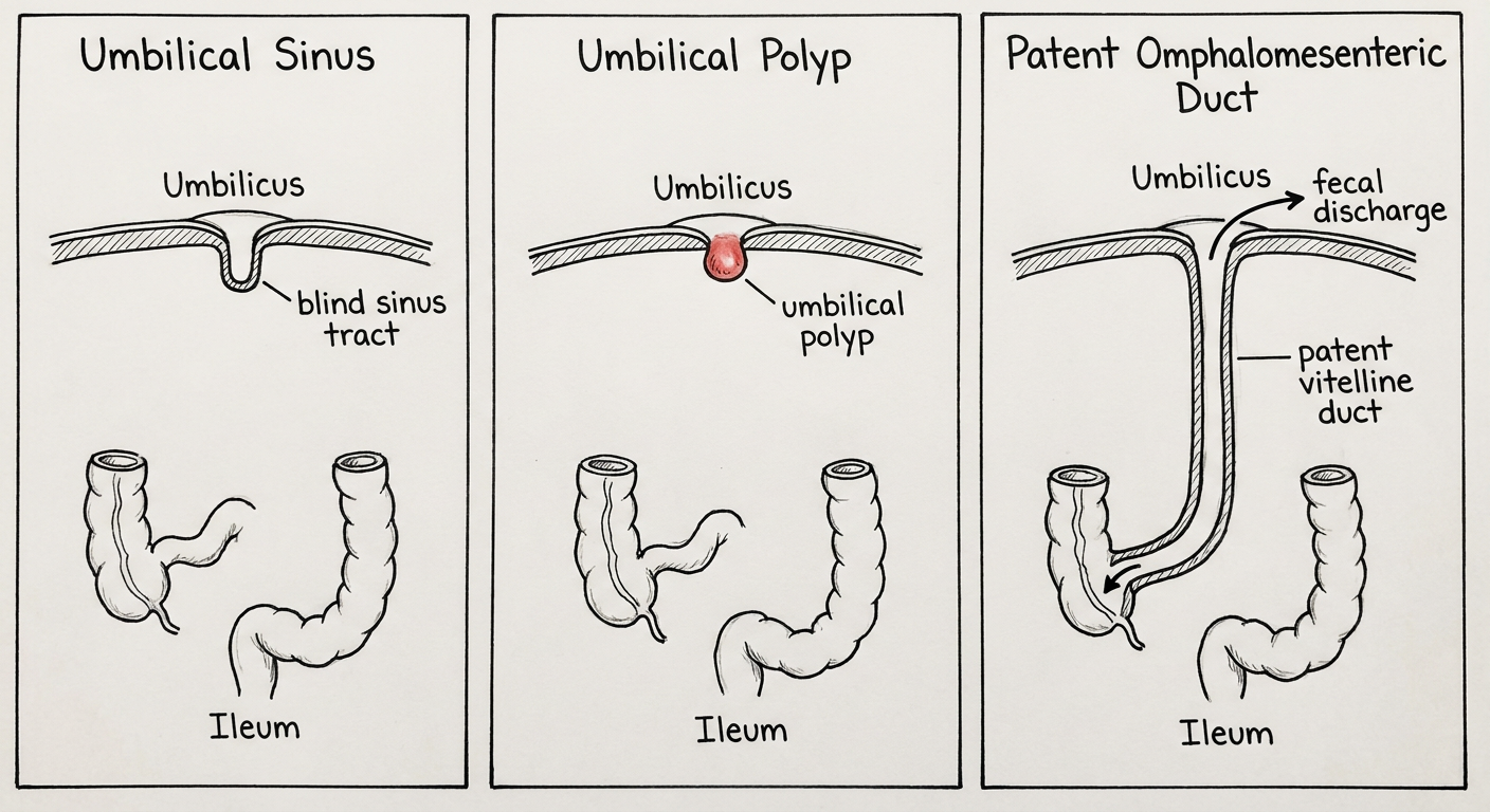 Umbilical sinus, umbilical polyp, and patent vitelline duct fistula diagrams