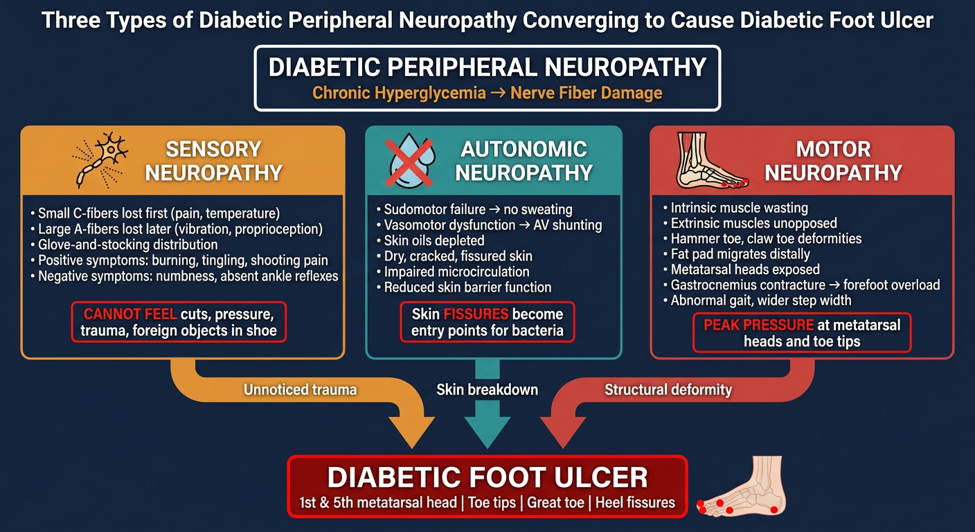 Three Types of Diabetic Peripheral Neuropathy Converging to Cause DFU