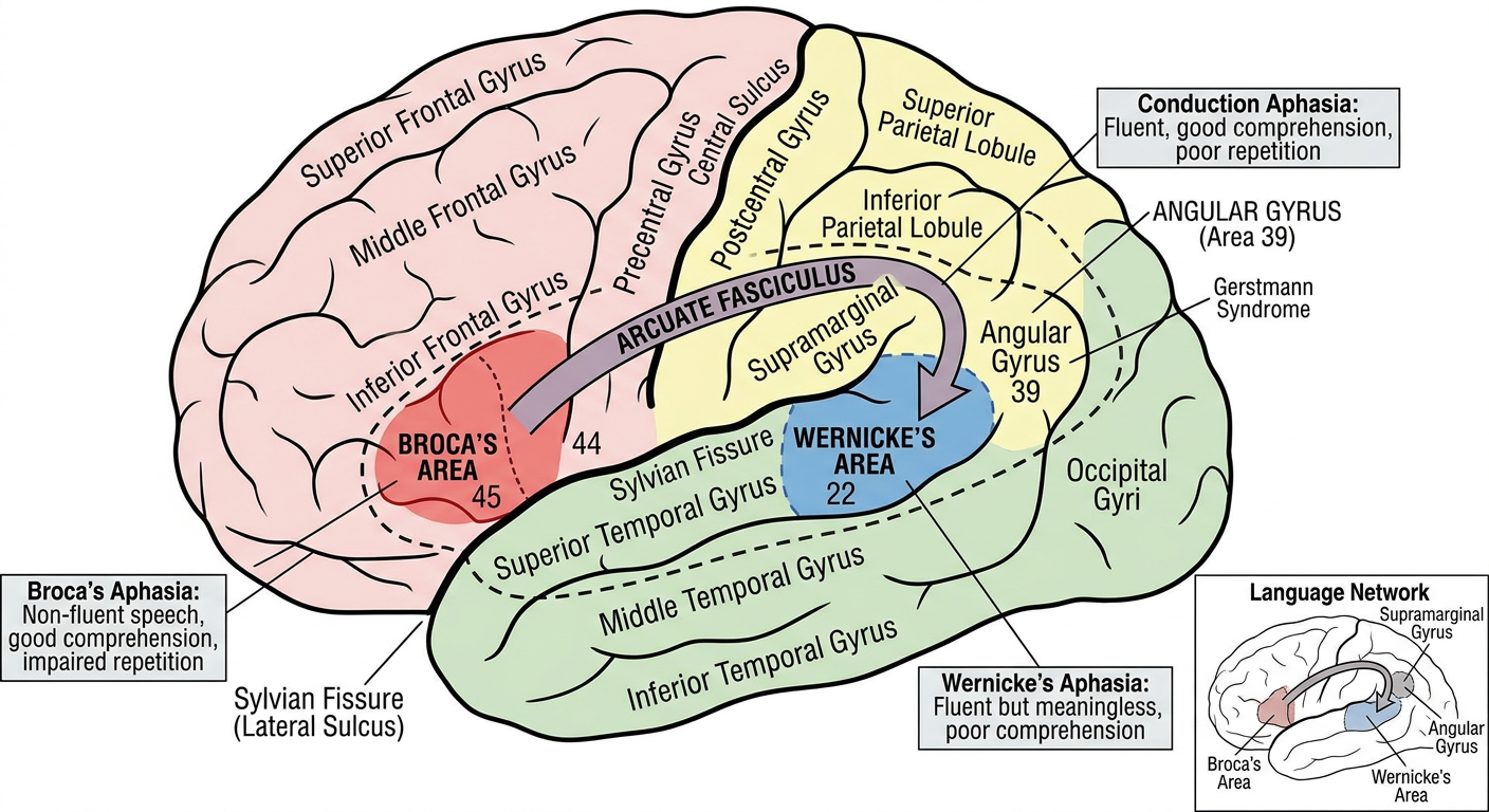 Language areas on the left hemisphere — Broca's area, Wernicke's area, arcuate fasciculus, and associated aphasia syndromes