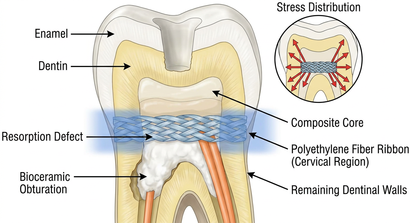 Cross-sectional dental diagram showing polyethylene fiber placement in cervical region and stress distribution pattern in tooth with internal resorption
