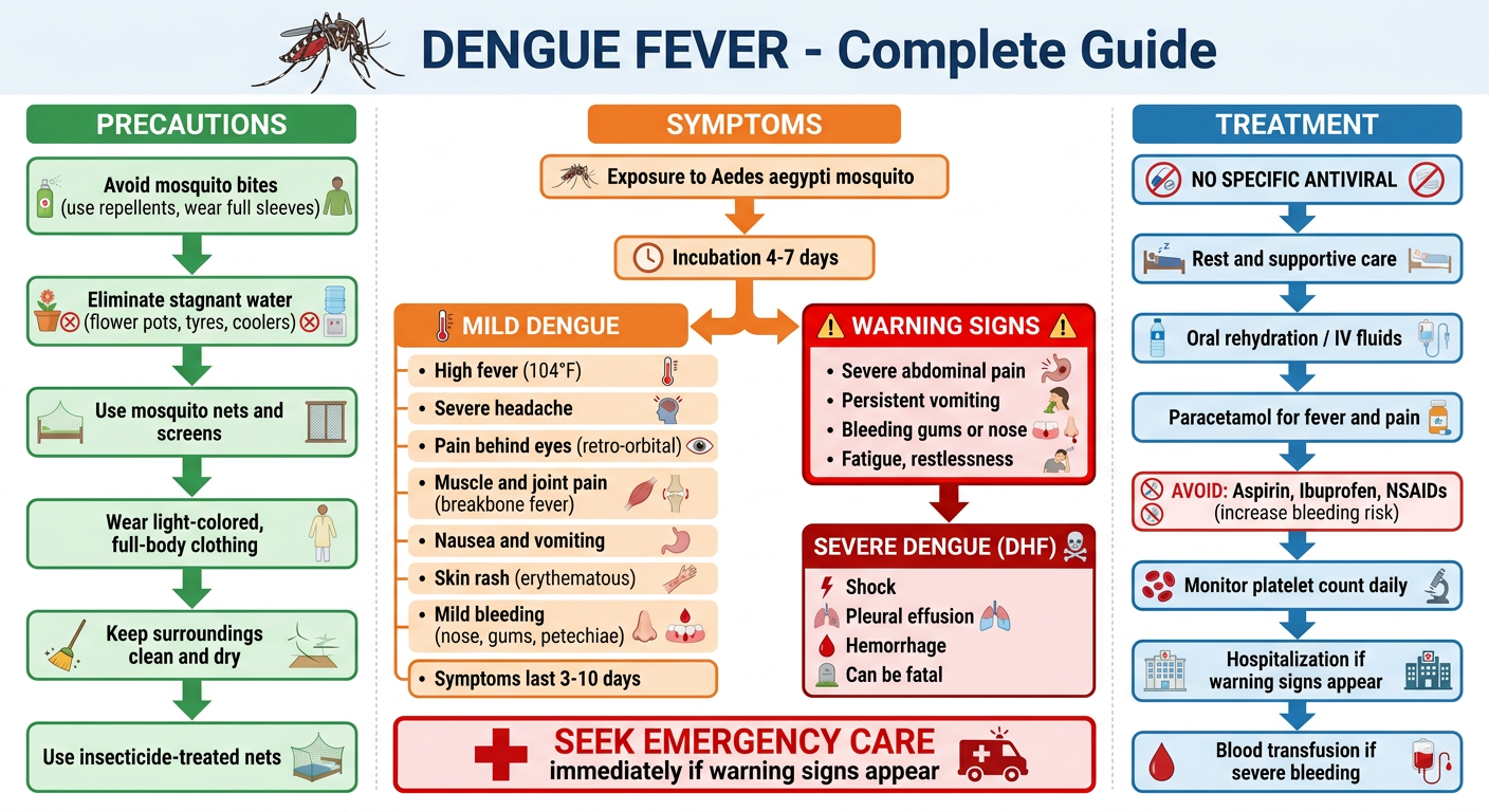 Dengue Fever Flowchart - Precautions, Symptoms, Treatment