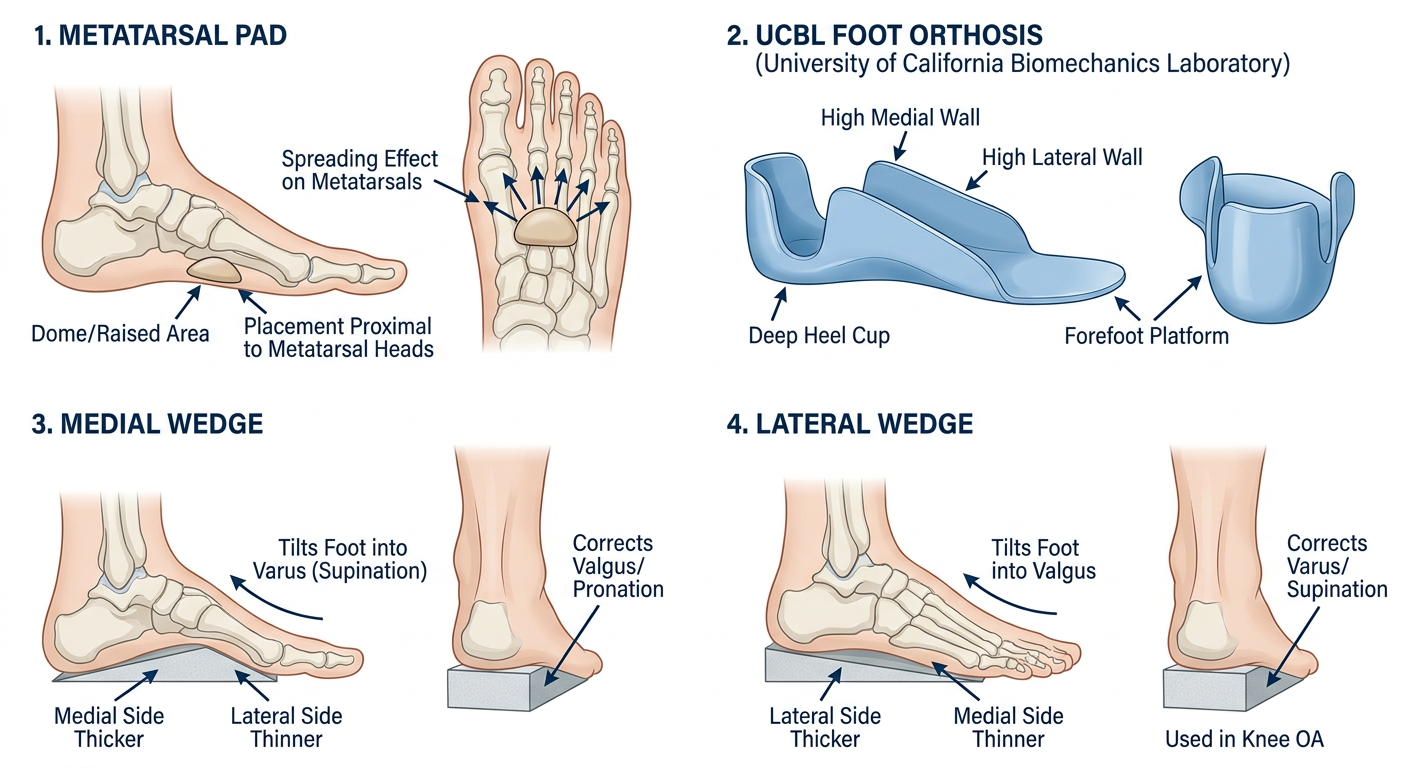 Metatarsal Pad, UCBL Foot Orthosis, Medial Wedge, and Lateral Wedge Diagram