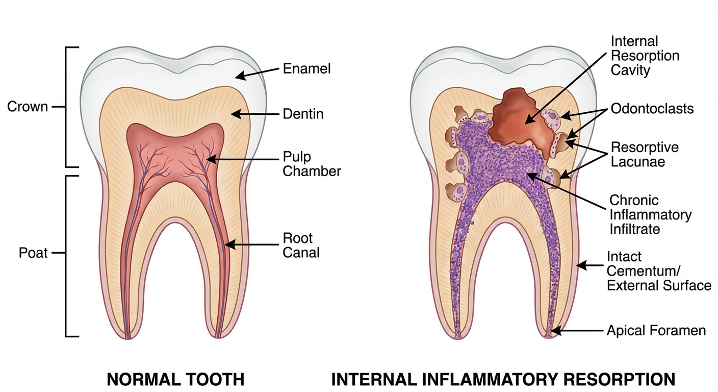 Cross-sectional diagram showing internal inflammatory resorption pathogenesis with odontoclasts, resorptive lacunae, and intact external root surface