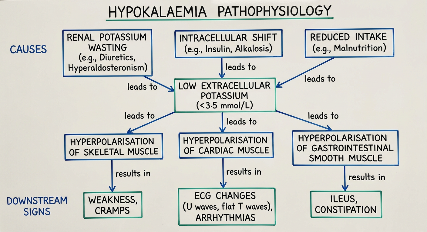 Diagram of hypokalaemia pathophysiology