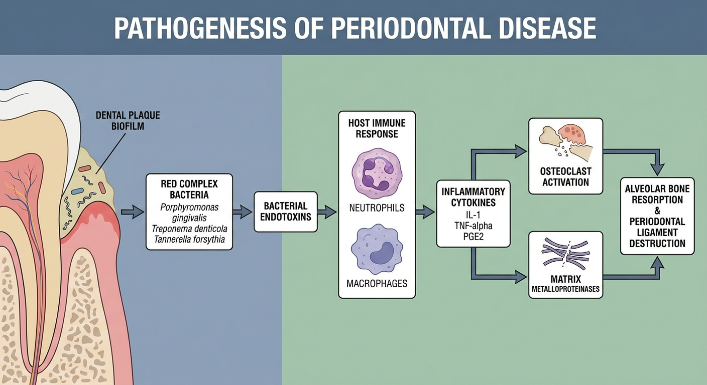 Pathogenesis of periodontal disease showing bacterial plaque, immune response, cytokines and bone destruction