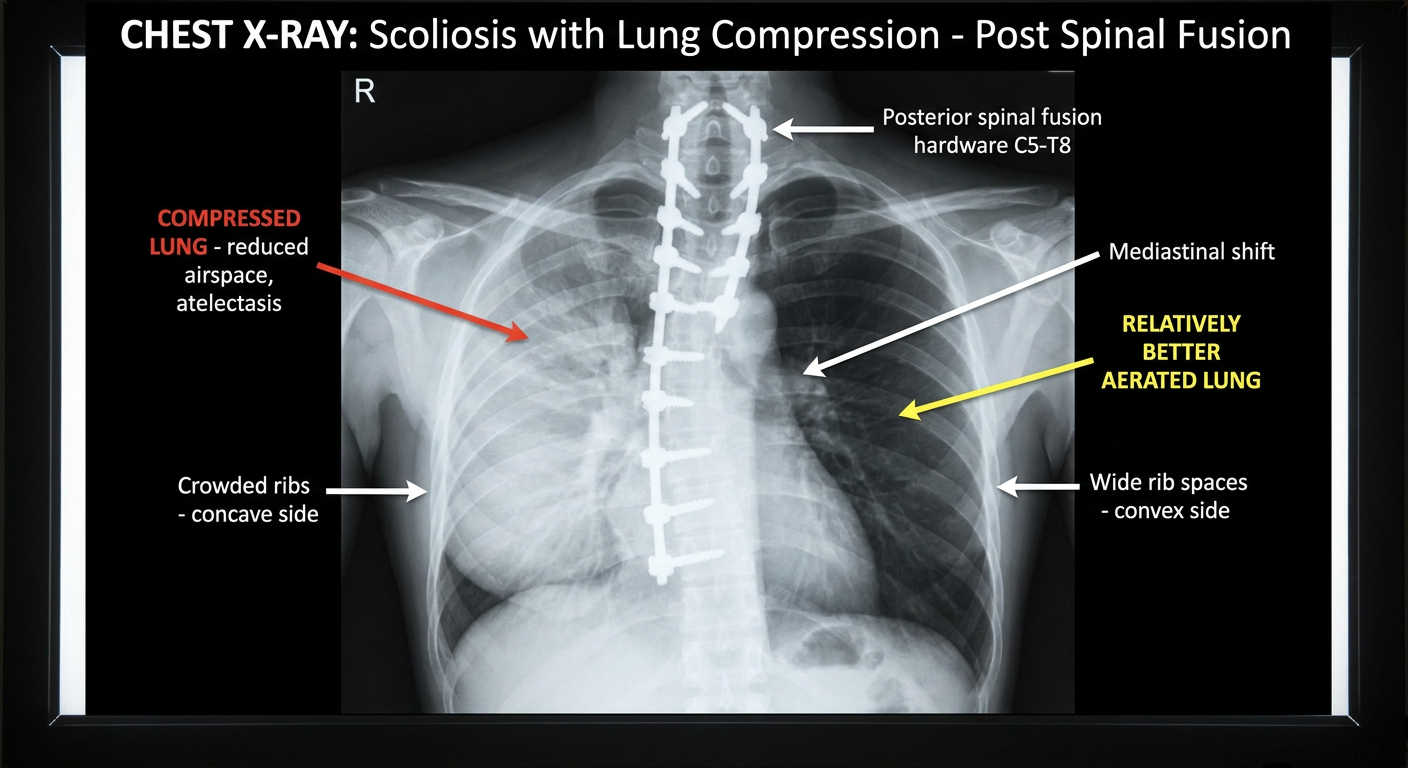 Annotated chest X-ray - scoliosis with lung compression post spinal fusion