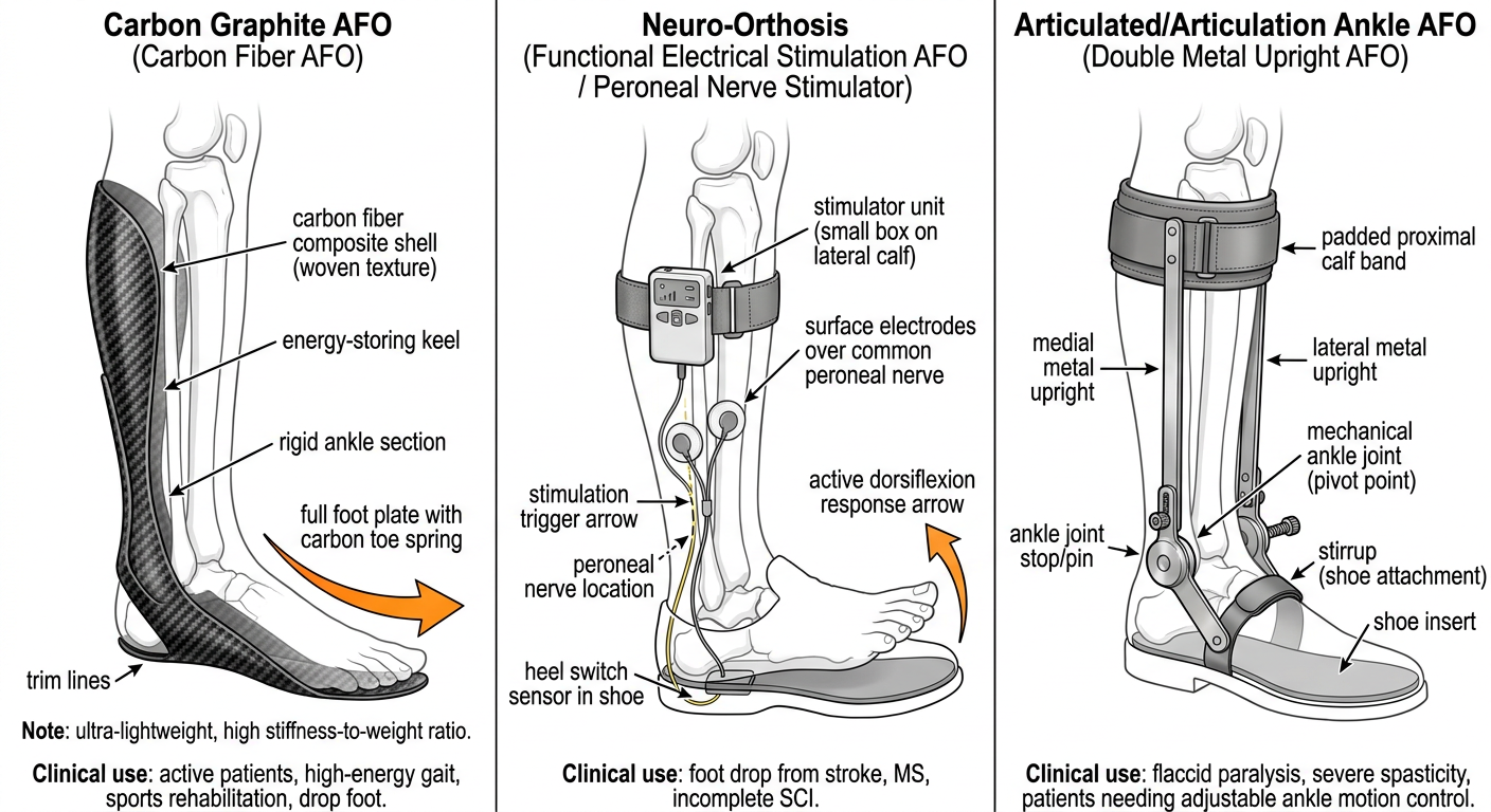 Carbon Graphite AFO, Neuro-Orthosis, and Articulated Ankle AFO Diagram