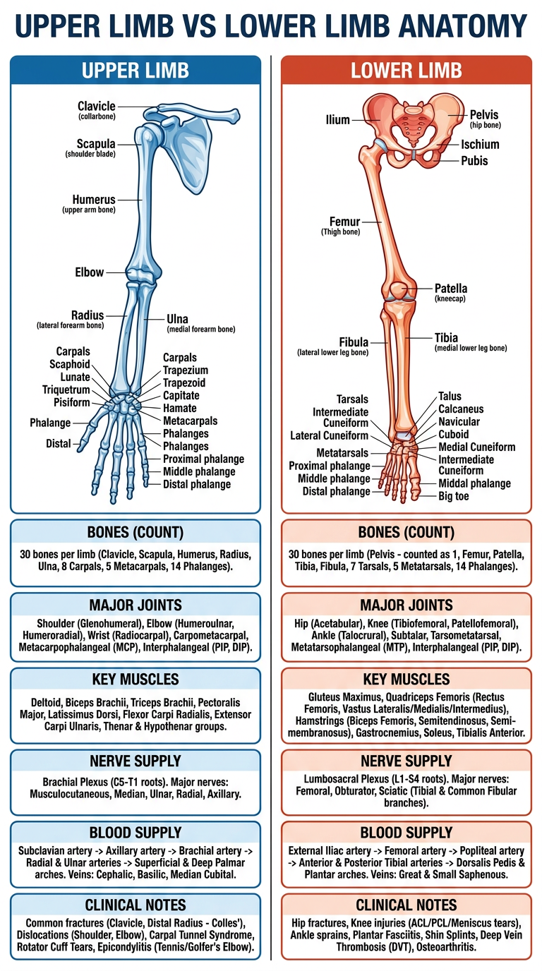 Upper Limb vs Lower Limb Anatomy Comparison Poster