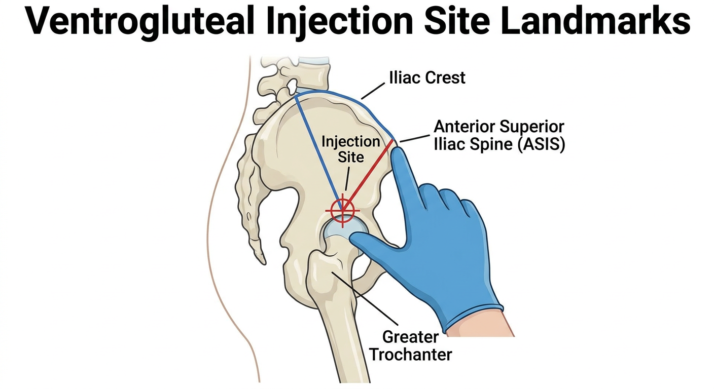 Hip bones and V-shaped ventrogluteal injection landmark