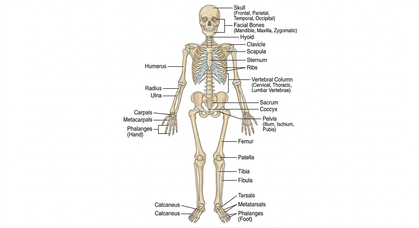 Full body skeleton diagram with all major bones labeled