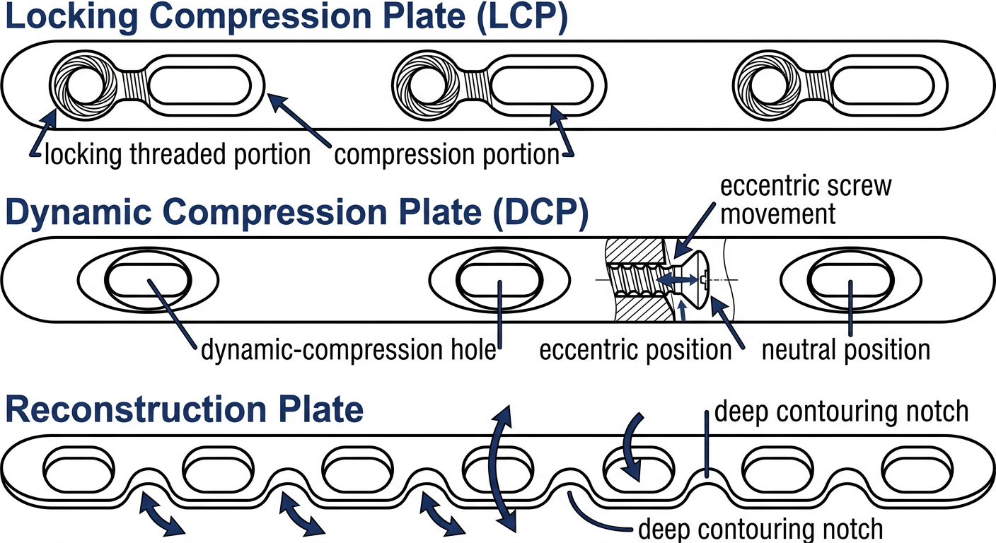 Comparison of LCP combi-holes, DCP compression holes, and reconstruction-plate notches