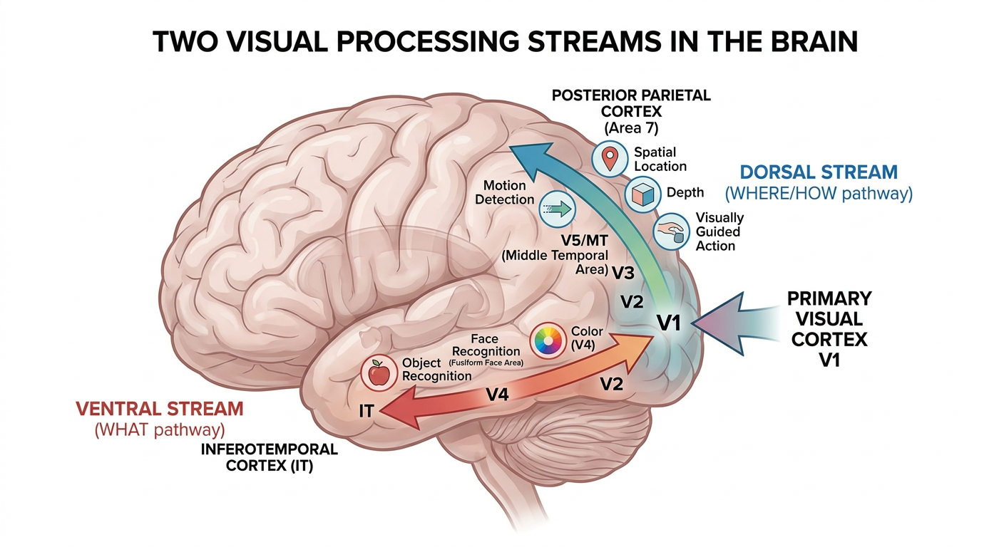 Dorsal "Where/How" stream and Ventral "What" stream of visual processing