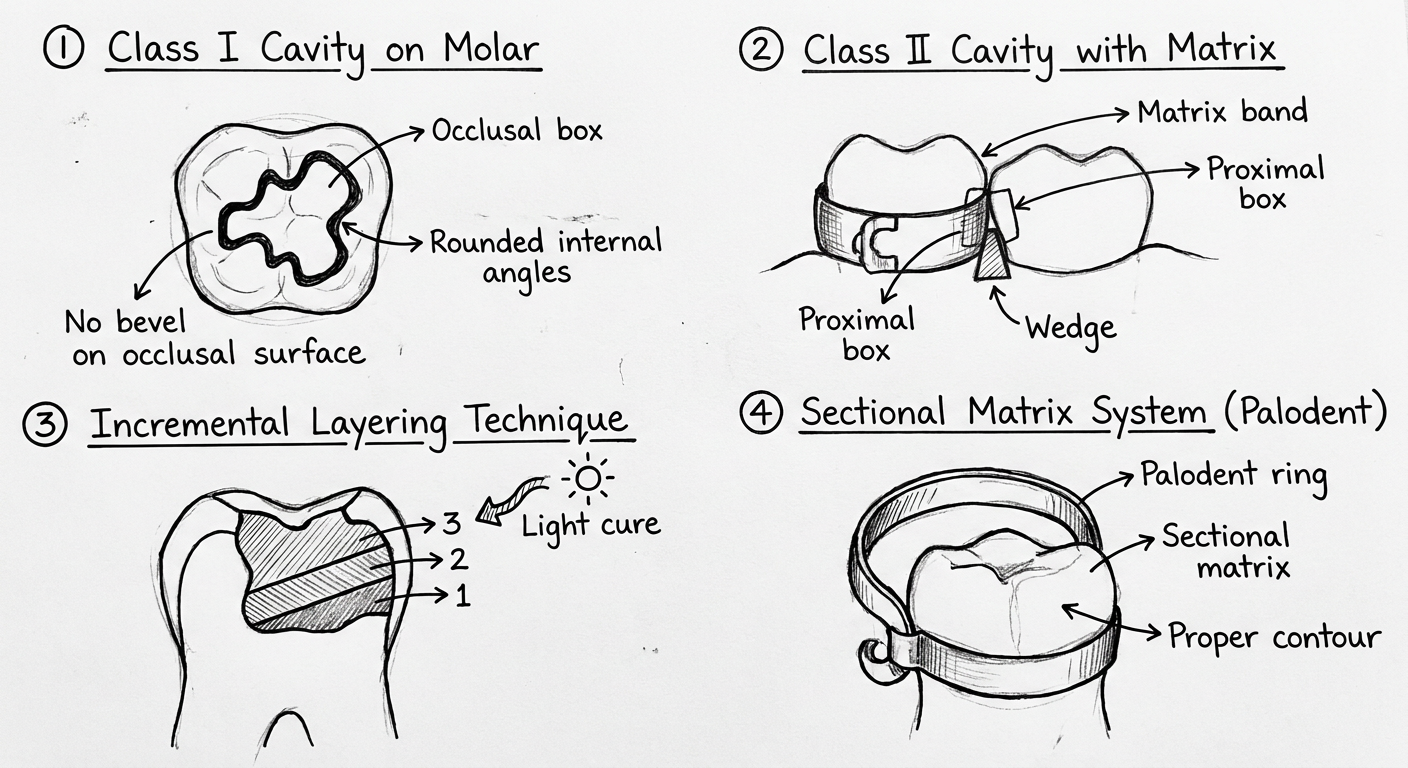 Posterior composite cavity designs and incremental layering technique