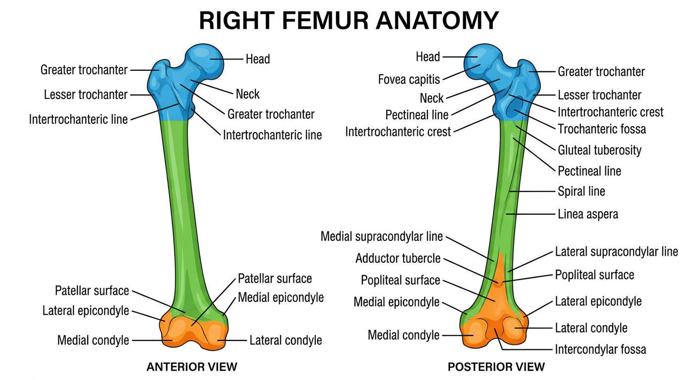 Femur Anterior and Posterior View Labeled