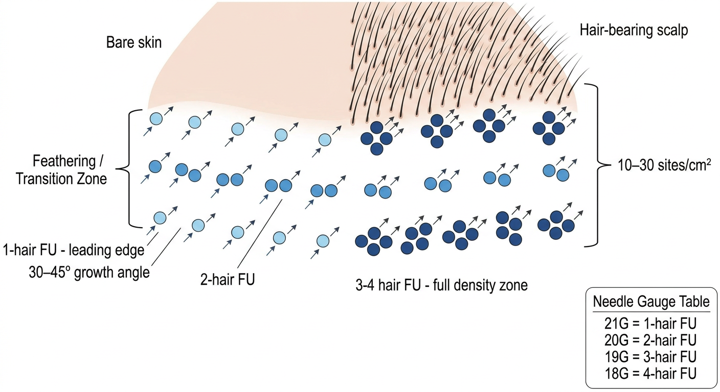 Hairline feathering zone with follicular unit graft placement and angulation