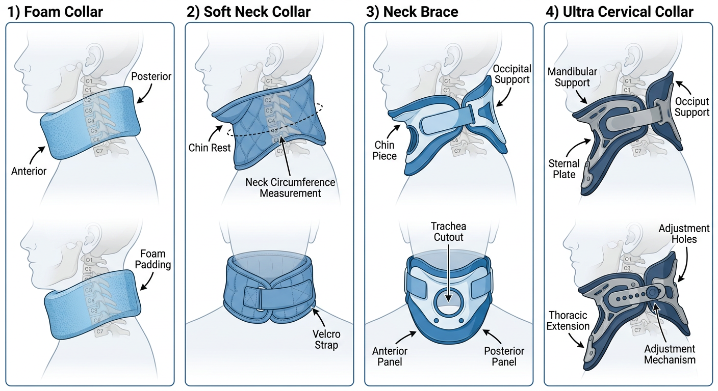 Diagram of Foam Collar, Soft Neck Collar, Neck Brace, and Ultra Cervical Collar with labels