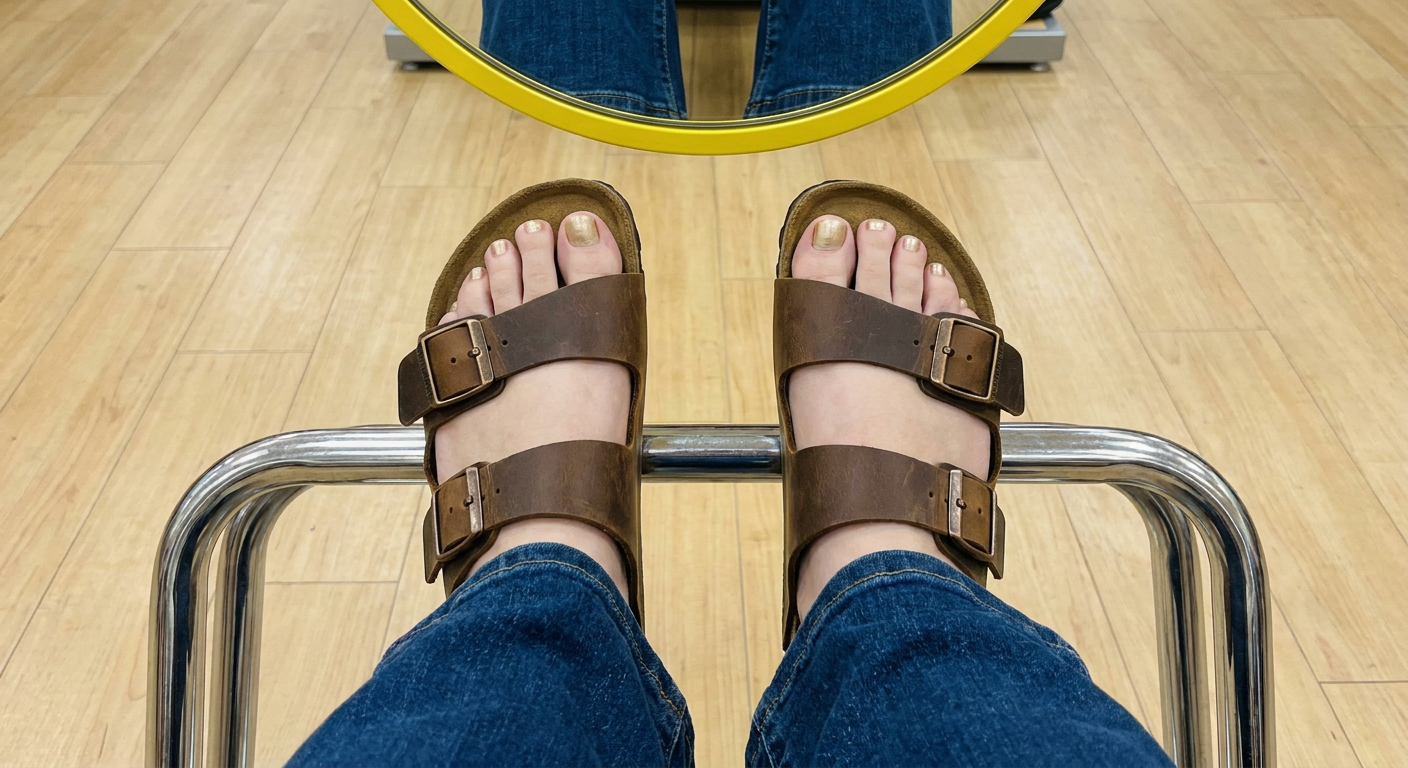 Feet with brown Birkenstock Arizona-style sandals