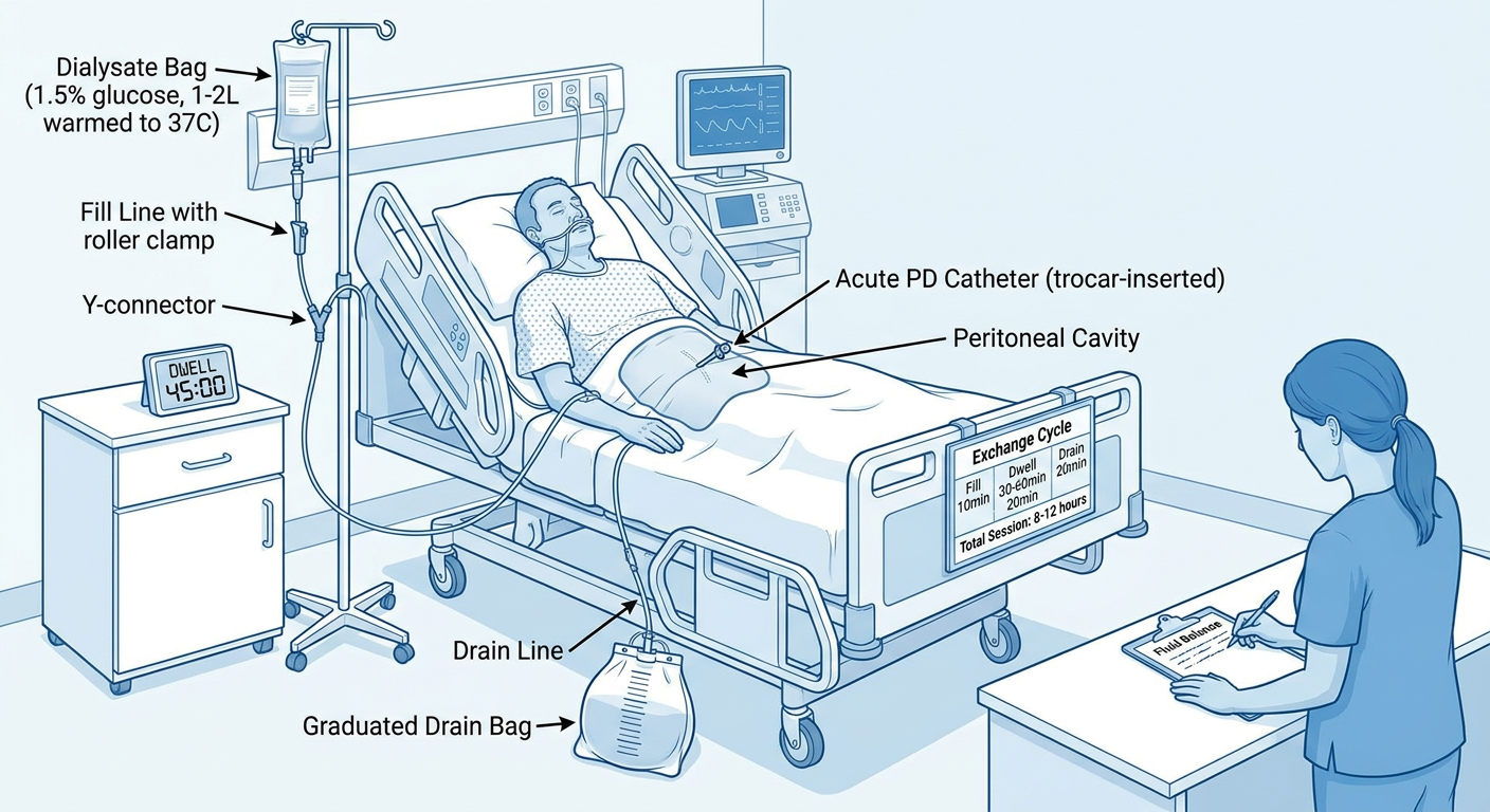 Acute PD hospital/ICU setup showing trocar-inserted catheter, fill bag on IV pole, gravity drain system, Y-connector, graduated drain bag, nurse documenting, with exchange cycle table showing Fill 10min - Dwell 30-60min - Drain 20min