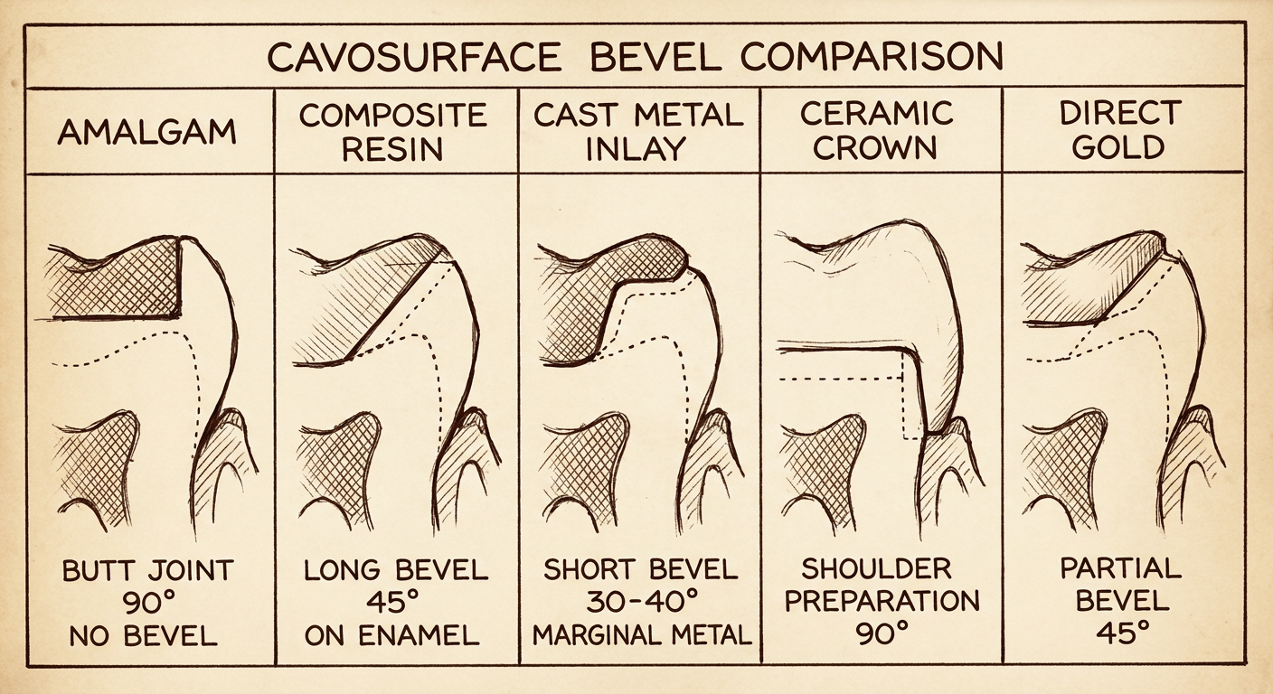 Cavosurface bevels for different restorations - amalgam, composite, cast inlay, ceramic comparison