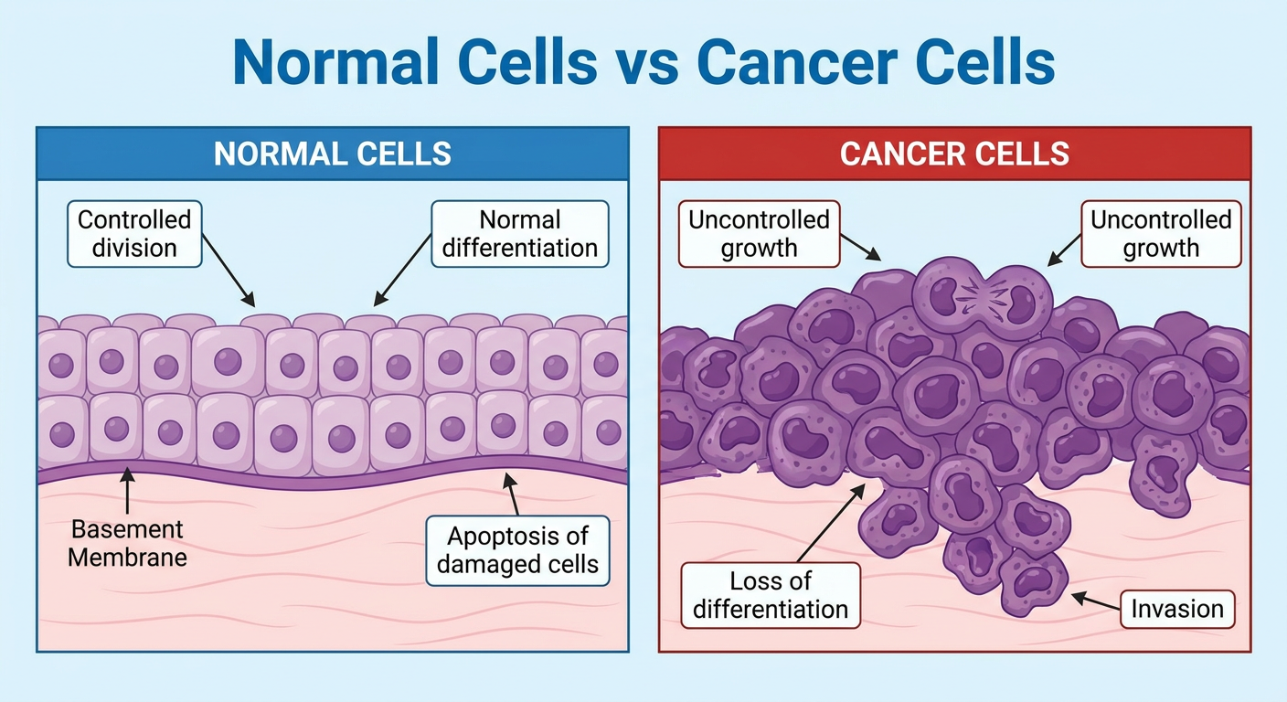 Educational diagram comparing normal cells with cancer cells