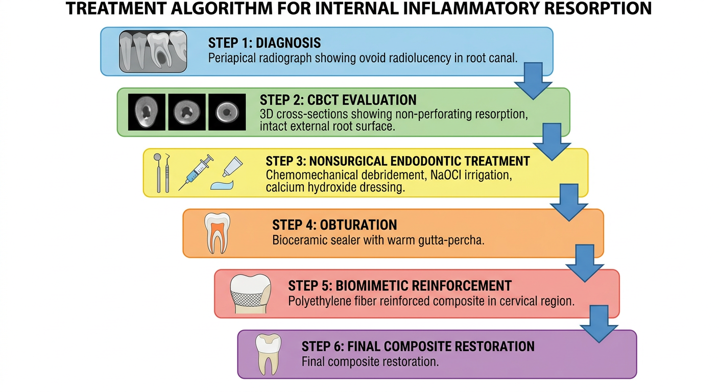 Clinical treatment algorithm flowchart for internal inflammatory resorption from diagnosis through biomimetic restoration