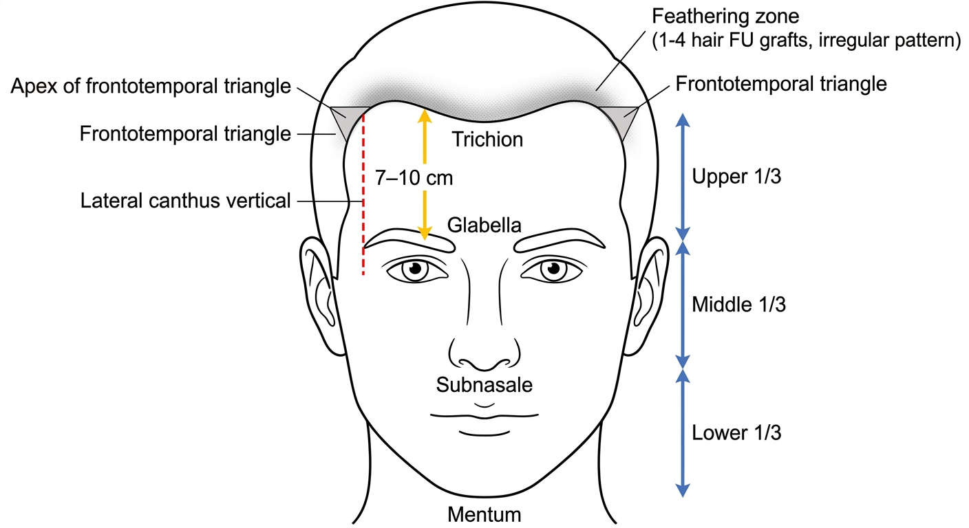 Anterior hairline design with measurements and facial thirds